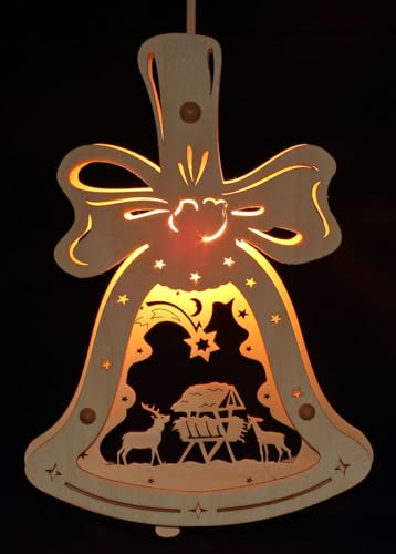 Fensterbild Futterkrippe in Glocke beleuchtet - Weihnachten Advent Dekoration beleuchtete Weihnachtsdekoration aus Holz für die Weihnachtszeit von Erzgebirgsstübchen