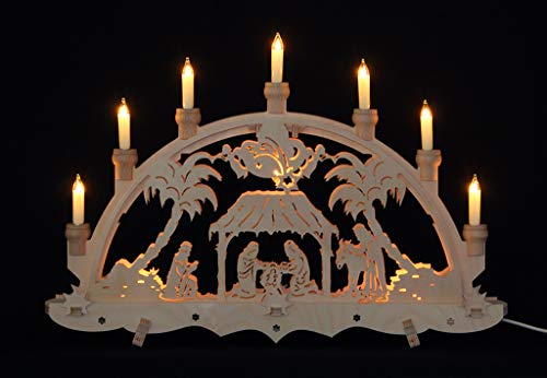 Schwibbogen Lichterbogen Erzgebirge Christi Geburt innenbeleuchtet mit offenen Kerzen von Erzgebirgsstübchen