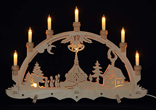 Schwibbogen Lichterbogen Erzgebirge Seiffener Kirche innenbeleuchtet mit offenen Kerzen von Erzgebirgsstübchen