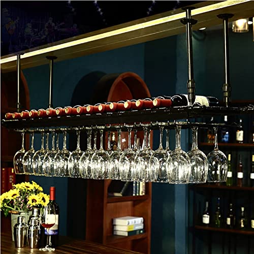 EsEntL Decken-Weinregal und Weinflaschenhalter/Hängende Champagner-Stielgläser-Gläser/Bar-Lagerregal aus Schmiedeeisen/Schwimmende Organizer-Regale für die Küche, Schwarz (Größe: 100 x 35 cm) von EsEntL