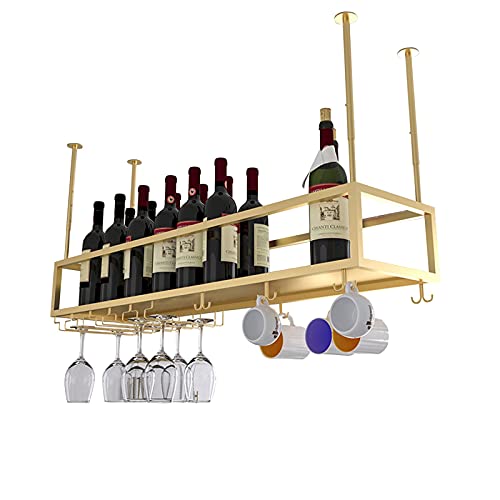EsEntL Hängeregal für Weinflaschen und Glashalter, an der Decke schwebendes Weinregal, Kelche, Stielgläser, Weinliebhaber, Weindekorationsregal aus Metall, höhenverstellbar, Gold (Größe: 100 x 25 x von EsEntL