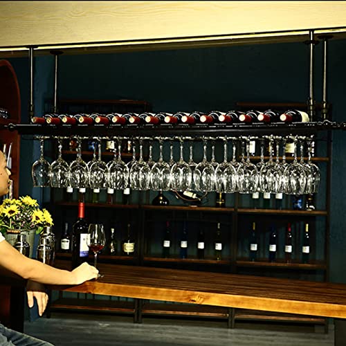 EsEntL Metallschwarzes Weinregal zum Aufhängen an der Decke, umgedrehter Weinglashalter, Champagnerglas, Kelche, Stielgläser, Lagerregal, Weinflaschen, Display-Organizer, Regale (Größe: 100 x 30 cm von EsEntL