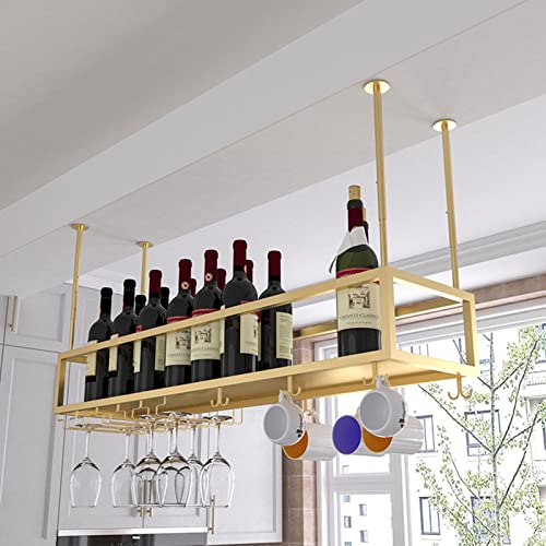 EsEntL Weinregal zum Aufhängen an der Decke, Goldener Weinhalter, Flaschenregal aus Metall mit Aufbewahrungsregal für Stielgläser, für Unterschrank, Küche, Bar, höhenverstellbar (Größe: 60 x 25 x 2 von EsEntL