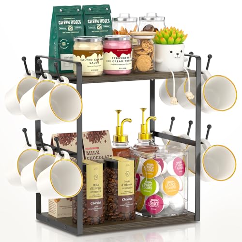 EsLuker.ly 2 Tier Tassenhalter und Tassenständer, Tassenregal für Kaffeetassen, Kaffee Organizer für Theke, Coffee Station Organizer with Mug Holder, Platzsparendes Kaffeebar Zubehör, Braun-Schwarz von EsLuker.ly