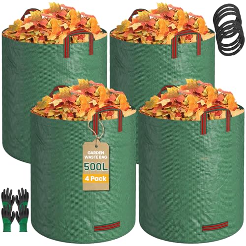 EsLuker.ly 4-Pack 500L Gartensack Laubsack Gartenabfallsack Müllsack Gartensäcke mit 2 Paar Gartenhandschuhen, Stabil Gartenabfallsäcke mit Griffe für die Außenreinigung, Ideal für Hausbesitzer von EsLuker.ly