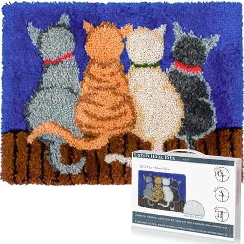 EsLuker.ly Katze Knüpfteppich für Kinder und Erwachsene zum Selber Knüpfen, DIY Knüpfsets Kreuzstich Teppich Set mit Werkzeug Latch Hook Kit Child Rug Animal, 50x38cm von EsLuker.ly