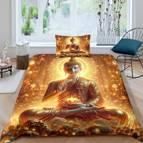 EsaSam Buddha Bettwäsche 3D Gedruckter Set Für Erwachsene Teenager Kinder Mit Kissenbezug Und Bettwäsche-Set Mikrofaser-Bettbezug Mit Reißverschluss Single（135x200cm） von EsaSam