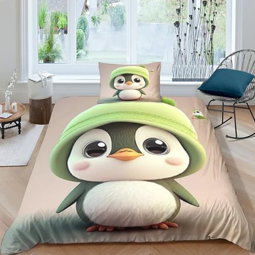 EsaSam Pinguin 3D-Gedruckter Bettbezug Mit Kissenbezug Und Bettwäsche-Set Mikrofaser-Bettbezug-Sets Mit Reißverschluss Geeignet Jugendliche Und Kinder (Single（135x200cm）) von EsaSam