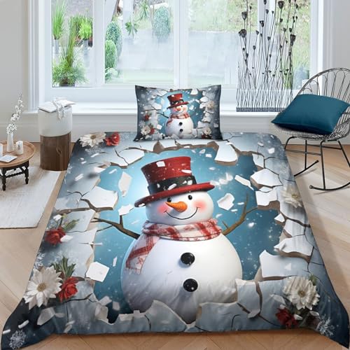 EsaSam Schneemann Bettbezug-Set, 3D Bettwäsche-Set Bettbezug Mit Reißverschluss, Superfeine Faser, Geschenk-Bettbezug (Single（135x200cm）) von EsaSam