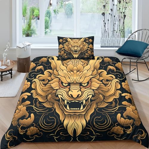 EsaSam chinesischer Drache 3D-Gedruckter Bettbezug Mit Kissenbezug Und Bettwäsche-Set Mikrofaser-Bettbezug-Sets Mit Reißverschluss Geeignet Jugendliche Und Kinder (Single（135x200cm）) von EsaSam