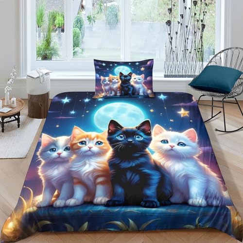 EsaSam süße Katze Bettwäsche 3D Gedruckter Set Für Erwachsene Teenager Kinder Mit Kissenbezug Und Bettwäsche-Set Mikrofaser-Bettbezug Mit Reißverschluss Single（135x200cm） von EsaSam