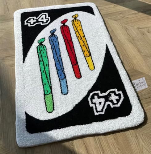 Uno Card Teppich, Regenbogenfarben, umgekehrte Fußmatte, rutschfeste Bodendekoration, dicker Schlafzimmer, Badezimmer, Nachttisch, rechteckig, Tufting, flauschige Teppiche (50 x 80 cm, schwarz) von BZJCGE