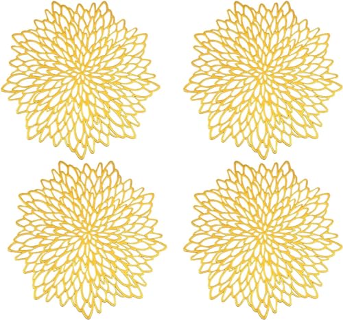 Esayeefo 4 Stück Ausgehöhlte Runde Platzdeckchen Rund PVC Platzset Goldene Vinyl-Tischsets Abwaschbar Gold Platzset Kann als Untersetzer, isolierte Tischmatten und Tischdekoration verwendet Werden von Esayeefo