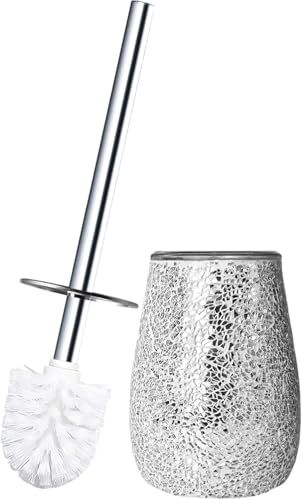 Escenzy Moderne WC-Bürste und Halter Set Mosaik Glas | Nicht Rustikaler Edelstahl | Praktische & Dekorative WC-Bürste und Halter | Luxus Silber Glitzer Badzubehör von Escenzy