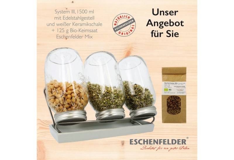 Eschenfelder Anzuchttopf Sprossenglas System lll 1500ml mit Gratis Tütchen Bio-Keimsaat (3 Sprossengläser 1500 ml mit Sieb, Schraubring, Abtropfgestell, Keramikschale, 6 St., keine Staunässe, garantiert die fortwährende Frische der Sprossen), Anzucht hygienisch saubere Sprossenzucht ohne Erde von Eschenfelder