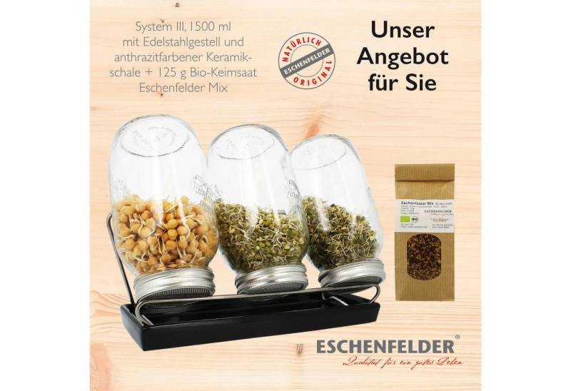 Eschenfelder Anzuchttopf Sprossenglas System lll 1500ml mit Gratis Tütchen Bio-Keimsaat (3 Sprossengläser 1500 ml mit Sieb, Schraubring, Abtropfgestell, Keramikschale, 6 St., keine Staunässe, garantiert die fortwährende Frische der Sprossen), Anzucht hygienisch saubere Sprossenzucht ohne Erde von Eschenfelder