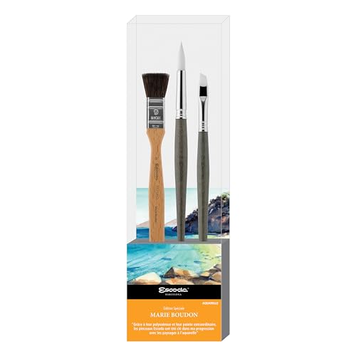 Escoda Aquarellfarben, Künstler-Set, Marie Boudon, Größe 9, 10, 14, 3 Pinsel, synthetisch, imitierend, weiß, Toray + Tendo, meliert, eckig, rund, spitz von Escoda