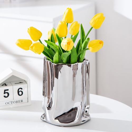 10 Stück künstliche PU Tulpe mit Vase Echte Berührung Home und Wohnzimmer Dekoration (Gelb) von Esdallina