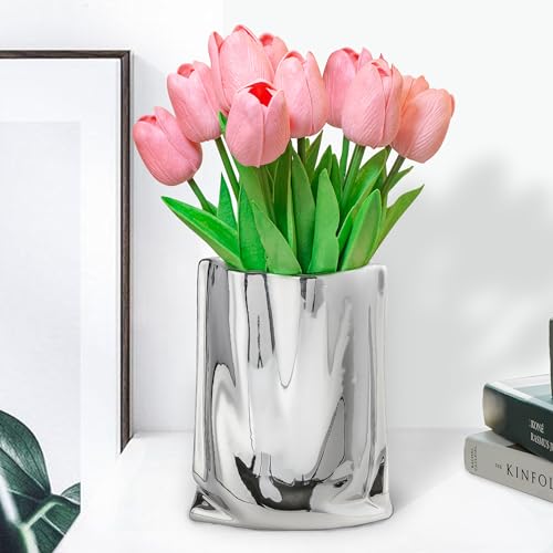 Esdallina 10 Stück künstliche PU Tulpe mit Vase Echte Berührung Home und Wohnzimmer Dekoration (Light Rosa) von Esdallina