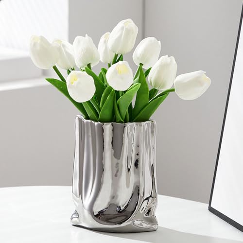 Esdallina 10 Stück künstliche PU Tulpe mit Vase Real Touch Home und Wohnzimmer Dekoration (Weiß) von Esdallina