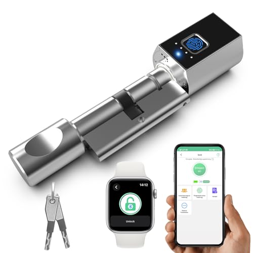 Eseesmart Türschloss Fingerabdruck, Elektronisches Türschloss SchließZylinder 60mm (30/30), Fingerprint Türöffner mit Bluetooth APP 2 Schlüssel von Eseesmart