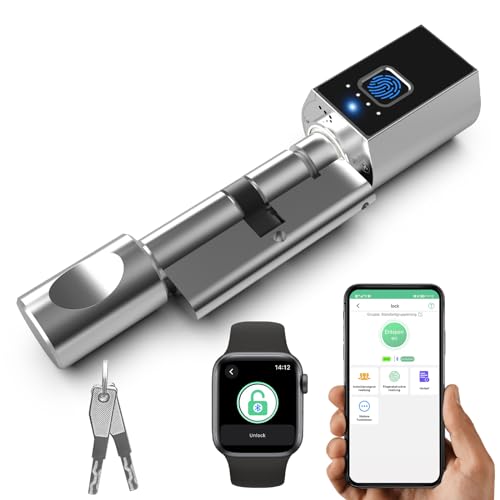 Eseesmart Türschloss Fingerabdruck, Smart Lock Fingerprint Türöffner with SchließZylinder 80mm (40/40), Türschloss Elektronisches Schloss mit Fingerabdruck Bluetooth APP 2 Schlüssel von Eseesmart
