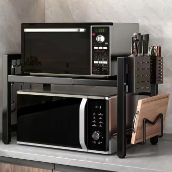 2-Stufig Erweiterbares Küchen Mikrowelle Ständer Regal,Stehend Verstellbares Mikrowellenregal,Küchenaufbewahrung Organizer,Flexibel Ausziehbar von 40- 60cm für Arbeitsplatte,Bäckereiregale,Schwarz von Esenlong