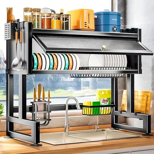 2-Stufiges Abtropfgestell Geschirr,Küchenregal für Spülenbecken,Küchen-Abtropfgestell,Abtropfgitter Gestell mit Haken,Messer&Schneidebretthalter zum Trocknen von Schüsseln,Tellern,Tassen(75x31x79.5cm) von Esenlong