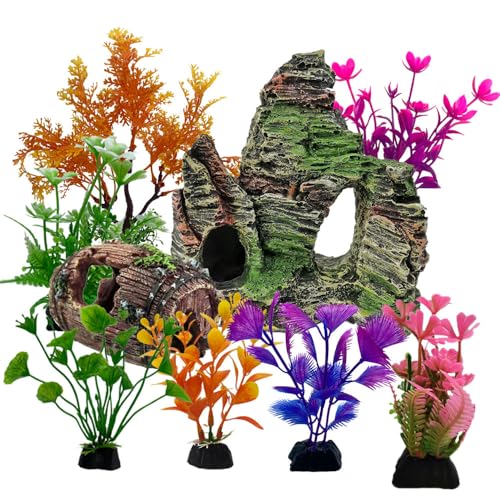 Esforzarse 9 Stück Aquarium-Dekoration, 7 Aquarium Pflanzen und 2 Der Berg, Quarium KüNstliche Kunststoff Pflanzen, Künstliche Pflanzen mit Harz Höhle Fisch Tank Ornamente Dekoration von Esforzarse