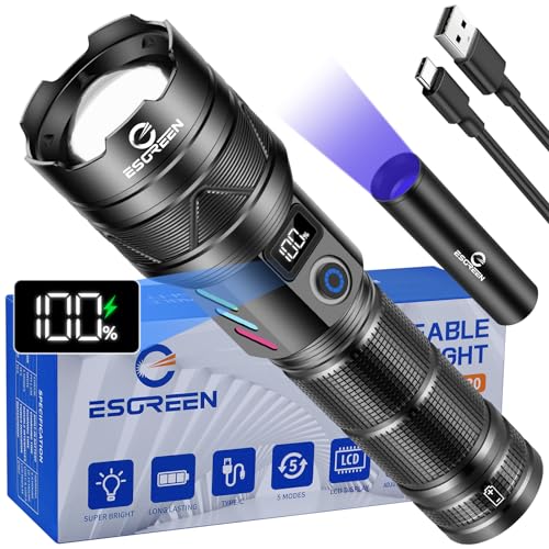 ESGREEN LED Taschenlampe Extrem Hell 1000000 Lumens Lange Reichweite, USB C Aufladbar Taktische Starke taktische Flashlight mit Hohe Kapazität Akku Zoombar 5-Modi Groß Torch Light für Camping Security von Esgreen