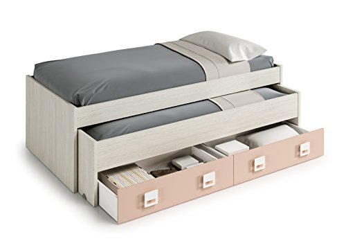 Dmora - Einzelbett Fairfield, Bettrahmen für Schlafzimmer, Einzelbett mit ausziehbarem Kinderbett und 2 Schubladen und passendem Regal, cm 199x96h65, Weiß und Rosa von Dmora