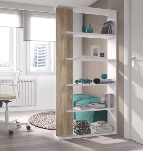 Dmora - Bücherregal Columbia, Doppelseitiges Bücherregal mit 5 Böden, Büro- oder Schlafzimmertrennregal, cm 90x25h180, Weiß und Eiche von Dmora