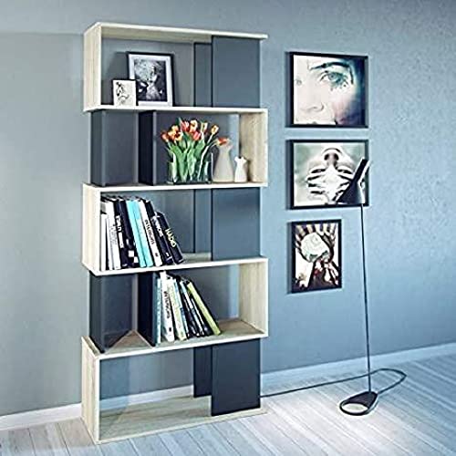 Dmora Bücherregal mit fünf asymmetrischen Regalen, Eiche und schwarze Farbe, Maße 80 x 175 x 29 cm von Dmora