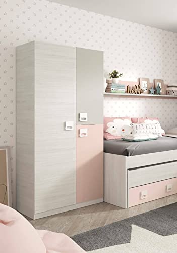 Dmora - Garderobe Manchester, Kleiderschrank im Schlafzimmer, Schrank mit 3 Türen und 3 Einlegeböden mit Kleiderstange, cm 90x52h200, Grau und Rosa von Dmora