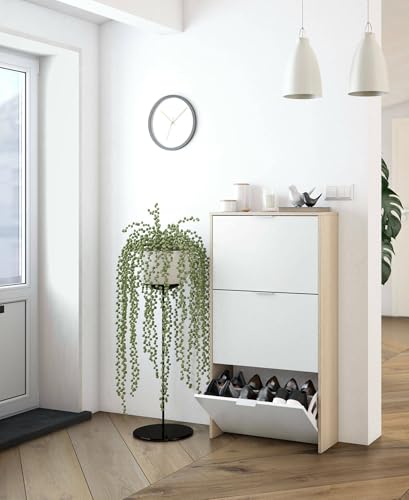 Dmora - Escondido Schuhregal, Schuhschrank mit 3 Falttüren, Schrank mit doppelter Kapazität für bis zu 18 Paar Schuhe, 60x22h113 cm, Eiche und glänzendes Weiß Dmora - Escondido Schuhregal, Schuhschrank mit 3 Falttüren, Schrank mit doppelter Kapazität für bis zu 18 Paar Schuhe, 60x22h113 cm, Eiche und glänzendes Weiß von Dmora