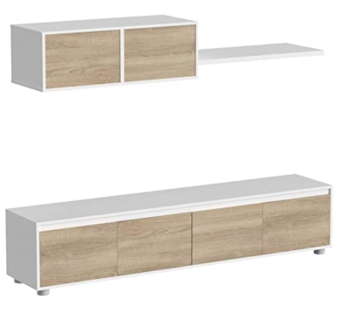 Dmora Wohnzimmer TV-Ständer mit vier Türen, mit Hängeschrank und Regal, Farbe kanadische Eiche und Artikweiß, Maße TV-Ständer 200 x 43 x 41 cm Hängeschrank 105 x 35 x 29 cm Regal 95 x 3 x 21 cm von Dmora