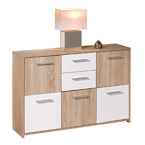 Dmora Sideboard mit fünf Türen und zwei Schubladen im Mittelteil, Farbe Weiß und Eiche, Maße 115 x 77 x 30 cm von Esidra