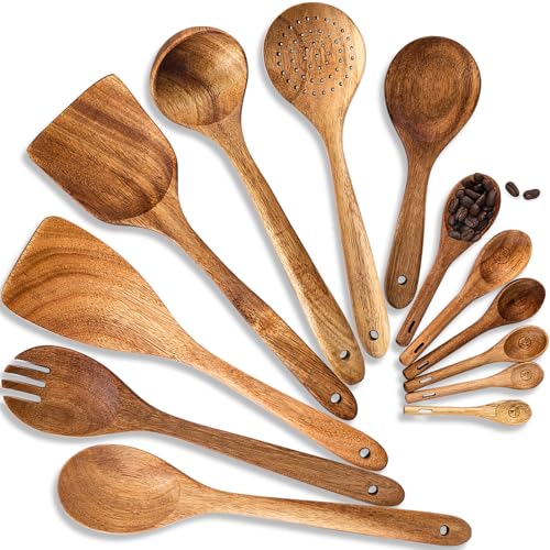 Kochlöffel aus Holz, 13-teiliges Küchenutensilien-Set aus Akazienholz, inklusive Kochlöffel, Pfannenwender, Suppenkelle, Messlöffel für die Küche, Kochutensilien-Set aus Naturholz von Esie Houzie