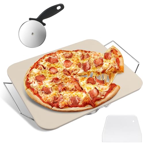 Pizza Steine für Backofen & Grill - 38 x 30 CM Keramik Backstein Set mit Pizza Cutter & Metall Rack, 300 ° C Hitzebeständige Pizza Zubehör für Zuhause Backen und Grillen von Esie Houzie