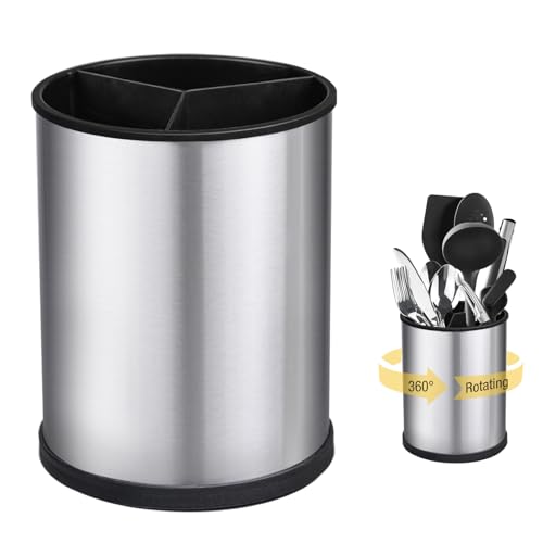 Utensilienhalter, 360° Drehbarer Utensilienhalter Aus Edelstahl Für Die Küchentheke, H7.3 × D5.5 Großer Küchenutensilienhalter Mit Abflusslöchern Und Trennwand, Spatel-Löffelhalter Für Zuhause von Esie Houzie