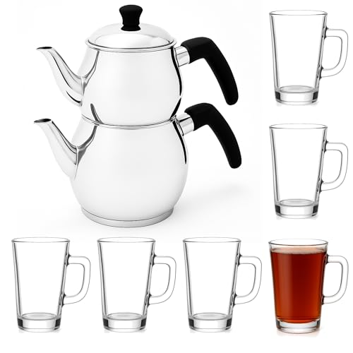 Türkische Çaydanlık Teekanne – 2-teilig aus Edelstahl – Induktionsgeeignet – Für alle Herdarten – Traditionelles Design – Spülmaschinengeeignet – Hitzebeständige Griffe (6er Set Glastassen, M) von EsinHome