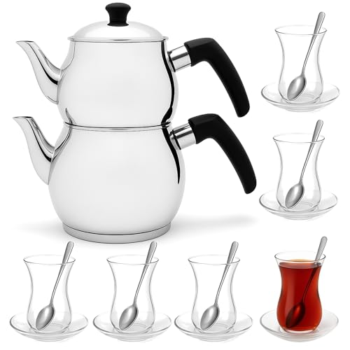 Türkische Çaydanlık Teekanne – 2-teilig aus Edelstahl – Induktionsgeeignet – Für alle Herdarten – Traditionelles Design – Spülmaschinengeeignet – Hitzebeständige Griffe (6er Set Teegläser, S) von EsinHome