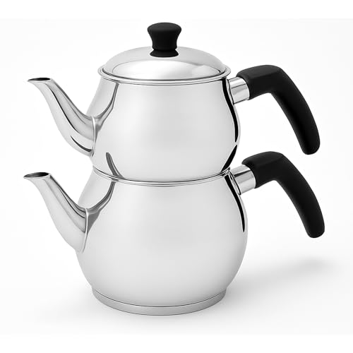 Türkische Çaydanlık Teekanne – 2-teilig aus Edelstahl – Induktionsgeeignet – Für alle Herdarten – Traditionelles Design – Spülmaschinengeeignet – Hitzebeständige Griffe (Nur Teekanne, S) von EsinHome