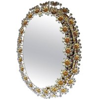 Palwa Rückleuchter Wandspiegel Oval Vergoldet Facettiert Kristall Glas Blume von EskicibabaVintage