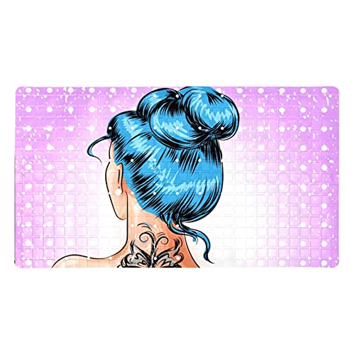 Badewannen-Duschmatte, rutschfest, Comic-Pop-Art-Design, blaue Haare, für Mädchen, Badewannenmatten mit Saugnäpfen und Abflusslöchern, weich, 39,9 x 70,9 cm von Eslifey