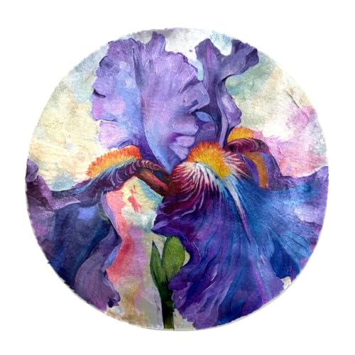 Eslifey Großer, runder, flauschiger Teppich, 100 cm, luxuriöser Zottelteppich, weicher Teppich, rutschfest, flauschiger Teppich, violette Blume, Iris-Malerei, Teppich, Kunstfell-Teppich für von Eslifey