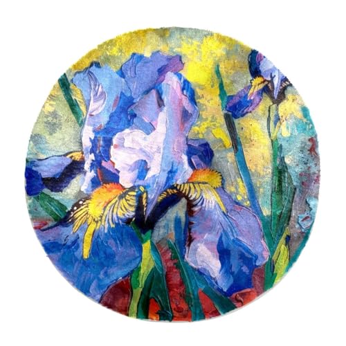 Eslifey Iris Blumen-Gemälde, rund, zotteliger Teppich, Hochflor, weich, zottelig, moderner Teppich, Wohnzimmer, Schlafzimmer, Matten 60 cm von Eslifey