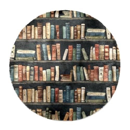 Eslifey Retro-Bücherregal-Muster, rund, zotteliger Teppich, Zottelflor-Teppich, moderner Teppich, Wohnzimmer, Schlafzimmer, 60 cm von Eslifey