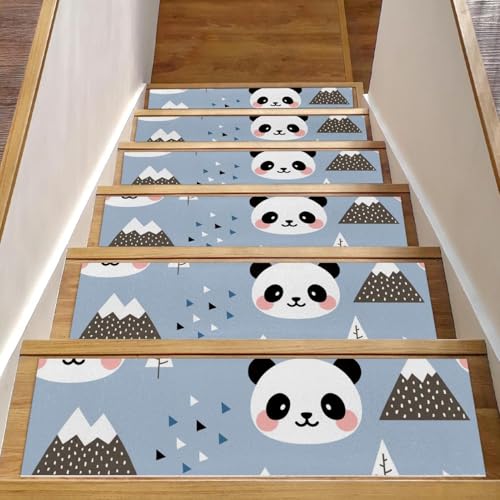 Eslifey Stufenmatten für Holzstufen, Motiv: Happy Panda im Wald, Baum und Wolke, rutschfest, für den Innenbereich, 76,2 x 20,3 cm, 15 Stück, mit wiederverwendbarem Klebstoff von Eslifey