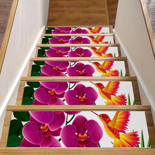Eslifey Stufenmatten für Holzstufen, Motiv: Orchidee und Blumen mit Vogel und Schmetterlingen, rutschfest, für den Innenbereich, 76,2 x 20,3 cm, 15 Stück, mit wiederverwendbarem Klebstoff von Eslifey